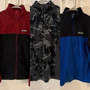 Bundle of 3 Columbia Mens Fleece Jackets - Red, Camouflage, Royal Blue - Small